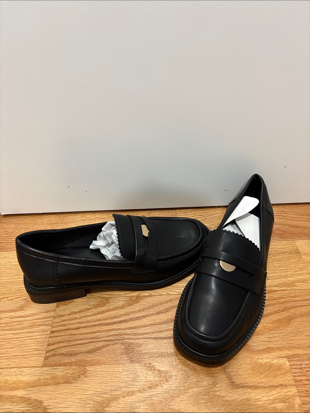 Black Leather Penny Loafers for Women